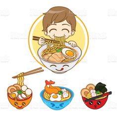 cartoon character eating ramen with chopsticks and an egg on the side royalty illustration