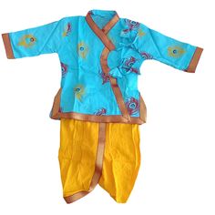 This traditional Indian Rayon Dhoti Kurta Peacock feather Print Krishna Dress will surely add charm to your cute boy. SALES PACKAGE - 1 Kurta, 1 Dhoti FABRIC - Rayon - Soft Cloth for baby. OTHER DETAILS - It has a soft elastic belt for convenient fitting on the waist. Delivery time ranges between 8 - 18 working days, we provide a Express Shipping Also 3-5 working days with Extra charge, You may choose in shipping Option Safety Information:               - Warning: Please read carefully below men Blue Sets For Puja And Navratri, Diwali Sets With Turquoise Pallu, Turquoise Sets With Pallu For Festivals, Turquoise Set With Pallu For Festivals, Blue Sets For Puja And Festivals, Blue Sets For Puja Diwali Festival, Turquoise Diwali Sets With Pallu, Blue Sets For Puja During Diwali, Festive Traditional Sets With Peacock Design