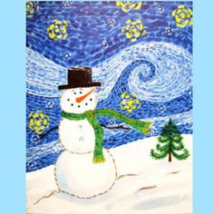 a painting of a snowman in front of a starry night sky and trees