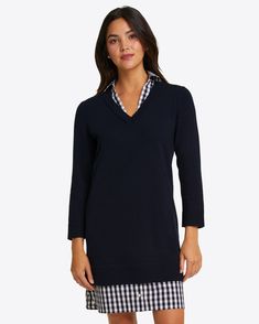 Wool and Cotton Combo Sweaterdress – Draper James Classic Sweater Dress For Work, Preppy Dresses For Work In Fall, Preppy Dresses For Fall Workwear, Preppy Fall Workwear Dresses, Classic Sweater Dress For Work In Fall, Classic Fall Sweater Dress For Work, Maxi Outfits, Navy Gingham, Casual Date Night