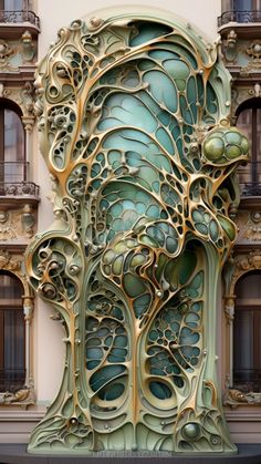 an intricately designed window on the side of a building