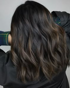 Cool Colored Highlights For Brown Hair, Dark Brown Hair Balayage Naturally Curly, Dark Hair Brown Balayage, Fall Inspired Hair Color 2023, Buttery Highlights Brown Hair, Partial Baylage Brunette, Dark Brown Hair With Subtle Balayage, Mushroom Brown Medium Length Hair, Highlights For Very Dark Brown Hair