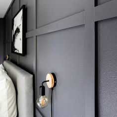 a bedroom with gray walls and white bedding