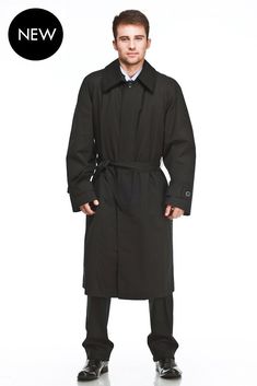 This long raincoat is an all-time classic. Beautifully crafted from a high performance cotton and polyester blend for maximum comfort and weather protection. An essential piece in a man's wardrobe which will serve for years to come.  --> High performance waterproof and wind proof --> Straight silhouette --> Double lined - Fully detachable thick lining and standard lining --> Fastens with five buttons at the front - one visible at the top and four covered --> Optional belt for a closer fit --> Mu Classic Waterproof Solid Raincoat, Classic Solid Waterproof Raincoat, Classic Weatherproof Winter Raincoat, Classic Waterproof Solid Color Raincoat, Winter Black Raincoat With Storm Flap, Classic Winter Weatherproof Raincoat, Black Gabardine Long Coat, Classic Waterproof Raincoat For Fall, Classic Long Sleeve Raincoat For Outdoor