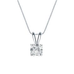 These captivating diamond solitaire pendant come set in 18k white gold metal with a 4-prong basket setting and asscher-cut natural diamond with a total weight of 0.75 ct. These pendant is available with a matching 18-inch box chain that secures with a spring-ring clasp. Platinum Pendant, Black Diamond Pendant, Black Diamond Studs, Diamond Solitaire Pendant, Halo Diamond Earrings, Solitaire Diamond Pendant, Colored Diamond Rings, Basket Setting, White Gold Pendant