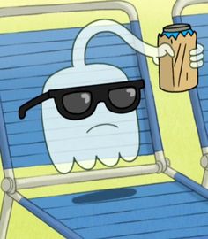 a cartoon character sitting in a lawn chair holding a can of soda and wearing sunglasses