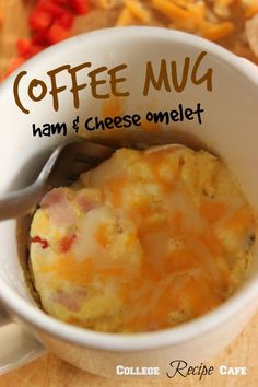 coffee mug with ham and cheese omelet in it