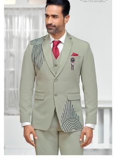 This is a Classic  Suit by Golden Attire crafted from high quality fabric and imported materials. Our products are handcrafted by experienced tailors who make sure the that the stitching is precise, lining is proper and the overall product is sturdy enough to not go out of shape for more than a few years. Also all our products have extra margins in their length, sleeves, sides so it's easily alterable if your size changes after some time. To see more available colours and designs in this collect Green Wedding Suit Sets, Festive Three-piece Suit For Groom, Festive Three-piece Suit For Grooms, Luxury Green Three-piece Suit, Festive Notch Lapel Sets For Groom, Festive Groom Suits With Notch Lapel, Classic Luxury Green Three-piece Suit, Tailored Green Three-piece Business Suit, Luxury Green Double-breasted Suit