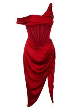 A corseted bodice adds structure and support to this drapey duchesse-satin dress featuring a sultry side slit and a shrugged-off shoulder. Exclusive retailer One-shoulder neck Single short sleeve Powermesh lining 100% polyester with 97% polyester, 3% elastane contrast Dry clean Imported Corset Midi Dress, Red Corset, Split Dress, Jairzinho, Dress Crafts, Satin Midi Dress, Basic Outfits, Asymmetrical Dress, Corset Dress