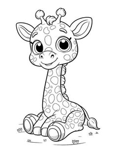 a cartoon giraffe sitting on the ground with big eyes and long legs, coloring pages