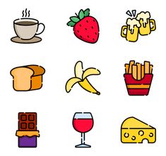 a bunch of different types of food and drinks on a white background, including strawberries, banana, chocolate, strawberry, wine glass, bread