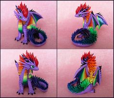 four pictures of different colored dragon figurines