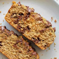 two slices of chocolate chip banana bread on a plate