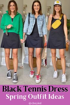 Tennis Dress Fall Outfit, Black Sports Dress Outfit, Athletic Dress Outfit Spring, Dressed Up Sporty Outfits, Tennis Dress Outfit Fall, Tennis Dress With Jacket, Sport Dress Outfit Casual, Black Sport Dress Outfit, Style A Tennis Dress