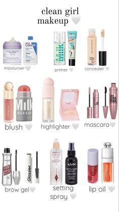 Clean Girl Makeup Essentials, Cleam Girl Aestetic, Makeup Routine Clean Girl, Simple Makeup Items, Make Up Essentials 2023, Glow Up Items, Natural Makeup Essentials, Starter Makeup Products, Clean Girl Makeup For School