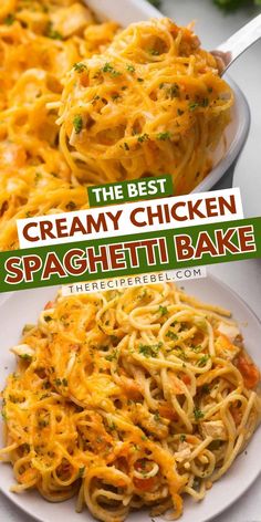 An easy meal that's make-ahead and freezer-friendly! This cheesy spaghetti casserole is homemade with no cream soup. With healthier ingredients, this Creamy Chicken Spaghetti Bake is the BEST. Put this baked pasta recipe on your weeknight dinner ideas!