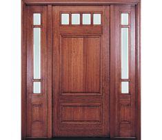 a wooden door with two sidelights and glass panels on the top half of it