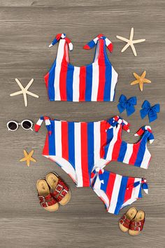 Mom & Me - Red White & Blue Striped Bikini - Sparkle in Pink Patriotic Kids, Mom And Child, Patriotic Accessories, 4th Of July Dresses, Red Two Piece, Sparkle In Pink, Bright Pop, Orange Swimsuit, Children Top