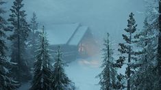 a cabin in the woods with snow falling on it and pine trees surrounding it at night