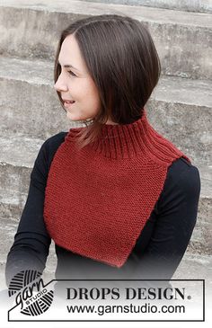 a woman wearing a red knitted cowl on top of some steps with the words drops design above her