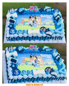 two birthday cakes with blue frosting and cartoon characters on them