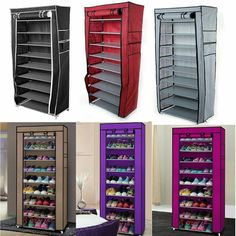 four different types of shoe racks in various colors