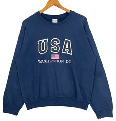 Vintage Washing DC USA Embroidery Crewneck Sweatshirt Jumper Navy Blue Size Medium * Made in : Honduras * Size on Tag : L * Manual Measurement (inch) : Chest 23, Length 25, Shoulder 24, Sleeve 22, Hem 17.5. * Recommended for Size : Large (L) * Material : Cotton, Polyester. * Colour : Navy Blue * Condition : Good Vintage Condition  * See photos for details. * Free Defect : No Stain, No Holes, No Tears, No Faded. 71 Pull Bleu Marine, Usa Embroidery, Washing Dc, Embroidery Crewneck, Usa Sweatshirt, Embroidery Sweatshirt, Vintage Vans, Usa Print, Blue Embroidery