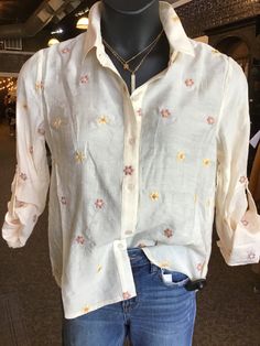 Tan Embroidered Floral Button Front Shirt Chain Top, Handmade Jewelry Necklace, Graphic Tops, Jogger Jeans, Button Front Shirt, Sweater Blouse, Embroidered Flowers, Item Number, Handmade Necklaces