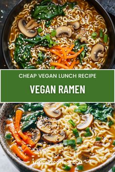 vegan ramen in a bowl with mushrooms, carrots and spinach