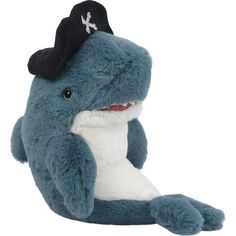 a stuffed shark with a pirate hat on it's head is shown in front of a white background