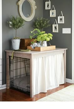 a dog crate with plants on top in front of a mirror and wall hangings