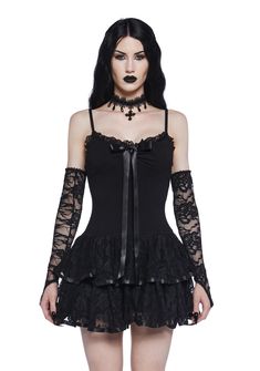 Widow Goth Lolita Stretchy Knit Lace Mini Dress - Black – Dolls Kill Black Gothic Corset Dress With Lace Trim, Black Gothic Mini Dress With Lace Trim, Fitted Fairy Grunge Mini Skirt, Gothic Lace Trim Corset For Night Out, Fitted Mini Skirt In Fairy Grunge Style, Gothic Corset Dress With Lace Trim, Gothic Ruffled Mini Skirt For Halloween, Black Gothic Mini Skirt With Ruffles, Gothic Lace Mini Corset Dress