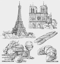 the eiffel tower in paris, france with bread and wine glasses on it