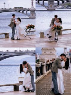 a bride and groom kissing in front of a bridge with flowers on the bike rack