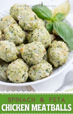 spinach and feta chicken meatballs in a white bowl