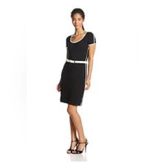 Calvin Klein Women’s Belted Color-Block Dress Size: 14 Black With W/White Belt. White Piping Down Side. Chic Black Dress With Contrast Trim, Chic Black Dresses With Contrast Trim, Black Dress With Contrast Trim, Elegant Black Dress With Contrast Trim, Elegant Black Dresses With Contrast Trim, Black Fitted Dress With Contrast Trim, Fitted Black Dress With Contrast Trim, Black Summer Dress With Contrast Trim, Calvin Klein Black Short Sleeve Dress