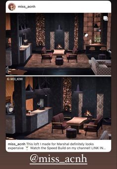 two different views of a living room with couches, chairs and fireplace in it