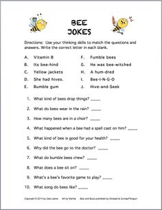 bee jokes worksheet with answers for children to learn and practice their spelling skills