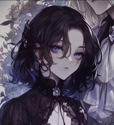 an anime character with blue eyes wearing a black dress and holding a flower in her hand