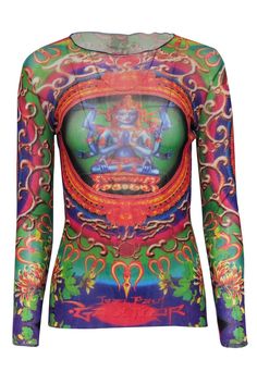 Current Boutique-Jean Paul Gaultier - Green & Multicolor Hindu Goddess Print Mesh Shirt Sz M Jean Paul Gaultier Pants, Multicolor Graphic Print Mesh Top For Summer, Multicolor Mesh Top With Graphic Print For Summer, Summer Multicolor Mesh Top With Graphic Print, Fitted Sheer Multicolor Mesh Top, Fitted Multicolor Sheer Mesh Top, Multicolor Sheer Mesh Top, Sheer Multicolor Mesh Top, Sheer Multicolor Stretch Mesh Top