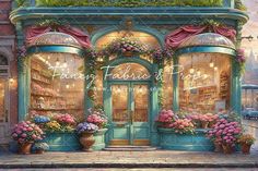 a painting of a store front with flowers on the windows