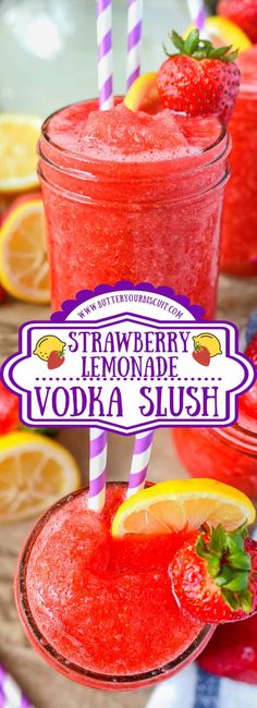 strawberry lemonade vodka slush with strawberries and lemons