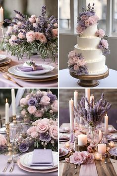 wedding table setting with purple flowers and candles