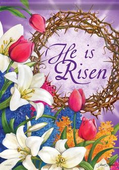 an easter card with flowers and a crown on the front, says he is risen