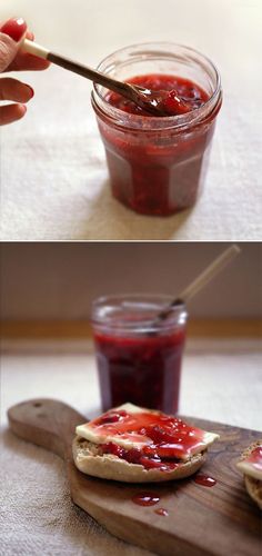 two pictures showing the process of making strawberry jam in a jar and on a cutting board