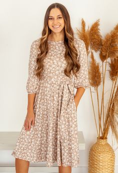 Floral Dress in Taupe-Dot Dot Dream Beige Ditsy Floral Print Dress For Spring, Casual Beige Ditsy Floral Dress, Beige Floral Print Cottagecore Dress, Cottagecore Beige Floral Print Dress, Modest V-neck Floral Print Dress, Luxe Dress, Beautiful Floral Dresses, Modest Clothes, Bohemian Blouses