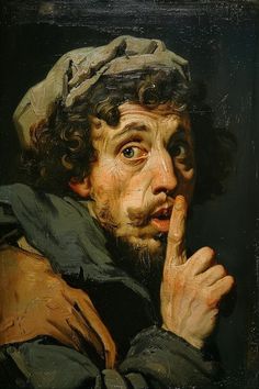 a painting of a man with a hat on his head and hands to his mouth