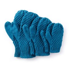 four blue knitted mittens sitting on top of each other