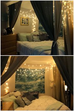 two pictures of a bedroom with lights on the ceiling and curtains hanging over the bed