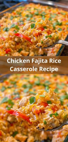 chicken fajita rice casserole recipe is shown in two separate pans